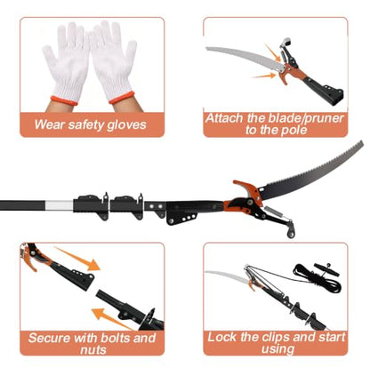 20FT Reach Manual Pole Saw, 2-in-1 Pole Pruner for Tree Trimming, 4-Section 5-12FT Retractable Square Pole, Labor-Saving Pulley & Hardened Steel Blade for Fruit, Palm, High Orchard Branches
