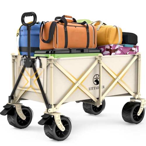 Heavy Duty Collapsible Beach Wagon with All-Terrain Wheels - color: Beige