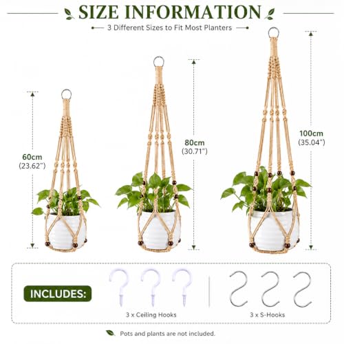 Macrame Plant Hangers with Beads for Indoor and Outdoor, 3 Pack - color: Linen