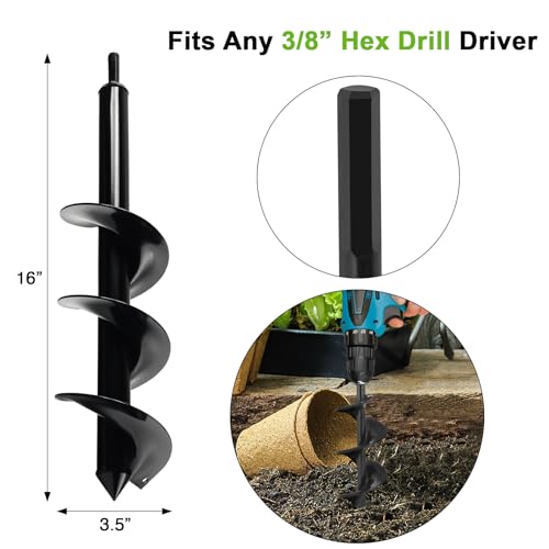 Auger Drill Bit for Planting 3.5 x 16 Inch, Garden Spiral Bit Bulb Planter Tool Drill Auger for Planting Bulb, Bedding Plant, Post or Umbrella Hole Digger for 3/8" Hex Drive - size: 3.5" x 16"-Black