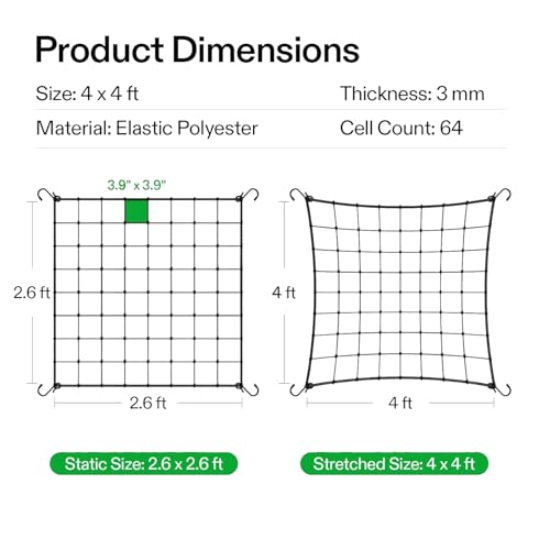 4x4 Ft Heavy Duty Elastic Trellis Netting for Climbing Plants - 2-Pack Plant Support Net with 4 Hooks, Durable Polyester Mesh for Grow Tents, Vegetables, Fruits & Flowers (Black) - size: 4x4ft Stretched size-3mm d