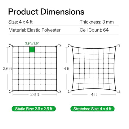 4x4 Ft Heavy Duty Elastic Trellis Netting for Climbing Plants - 2-Pack Plant Support Net with 4 Hooks, Durable Polyester Mesh for Grow Tents, Vegetables, Fruits & Flowers (Black) - size: 4x4ft Stretched size-3mm d