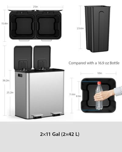 Lovewind Dual Trash and Recycling Bins for Kitchen, 2 * 11-Gallon Stainless Steel Double Trash Can, Step-On Garbage and Recycle Combo, Quiet Close, Pet-Proof, Compatible with 13-Gallon Bags, Silver - color: Silver, size: 2 x 11 Gallon