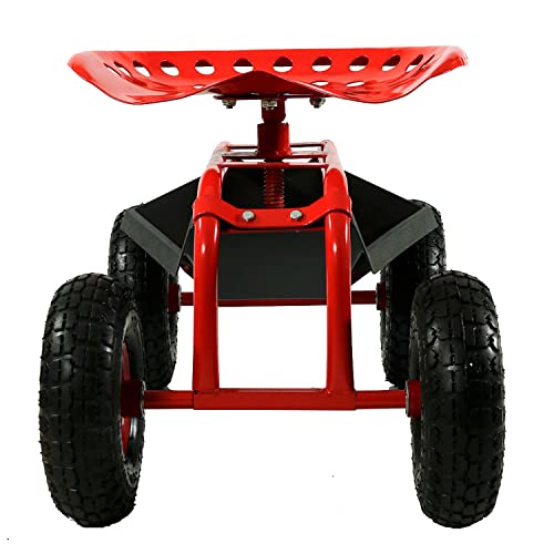 Sunnydaze Rolling Garden Cart with Swivel Seat and Storage, Red - color: Red