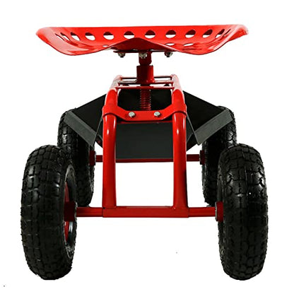 Sunnydaze Rolling Garden Cart with Swivel Seat and Storage, Red - color: Red