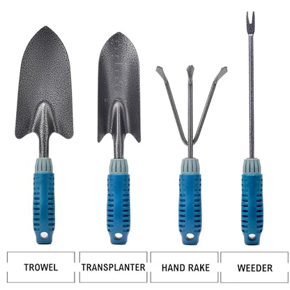 4 Piece Garden Tool Set Heavy Duty, Gardening Hand Tools Work No-Slip Grip Trowel Transplanter Weeder Hand Rake, Ergonomic Handle Indoor Outdoor