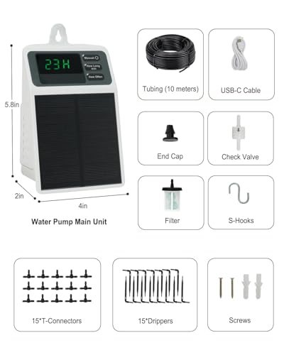 Solar Automatic Drip Irrigation System, 15 Pot Self Watering System with 2200mAh, IPX5 Waterproof, USB-C & Solar Charging, Timer Modes for Indoor/Outdoor Garden, Balcony & Patio