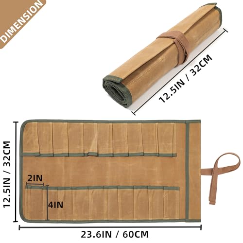 Tool Roll, Durable 16 OZ Waxed Canvas Tool Bag with 20 Slots,Tool Organizer Wrench Roll Up Bag | 23.6X12.5 Inch (Khaki) - color: Khaki