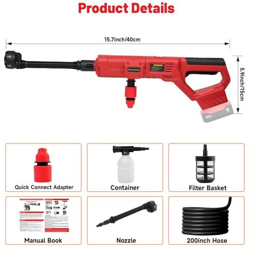 Cordless Cleaner Tool for Milwaukee M18 Battery, Portable Handheld Car Cleaner 1000PSI with 6-in-1 Nozzle & 16.5FT Drain Hose for Patio Car Floor Fence Deck Indoor(Battery Not Included) - color: Red