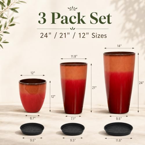Neoaider Set of 3 Tall Planter, 24/21/12in Large Plastic Planter, Firey Red - color: Fiery Red