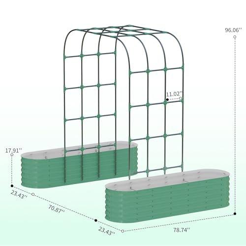 Metal Raised Garden Bed with Trellis for Climbing Plants Outdoor - color: Green