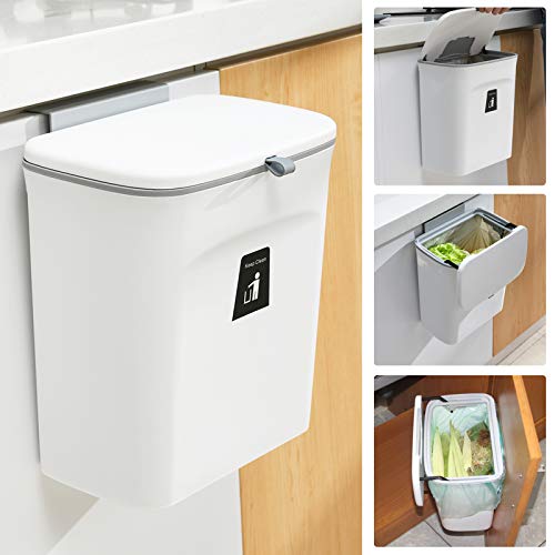 Tiyafuro 2.4 Gallon Kitchen Compost Bin for Counter Top or Under Sink, Hanging Small Trash Can with Lid for Cupboard/Bathroom/Bedroom/Office/Camping, Mountable Indoor Compost Bucket, White - color: White