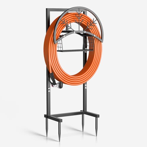 Heavy Duty Garden Hose Holder with Storage Basket, Holds Up to 160FT Hose, Freestanding Metal Water Hose Organizer with 4 Anchor Spikes, for Outdoor Yard Lawn Patio - color: Matte Black