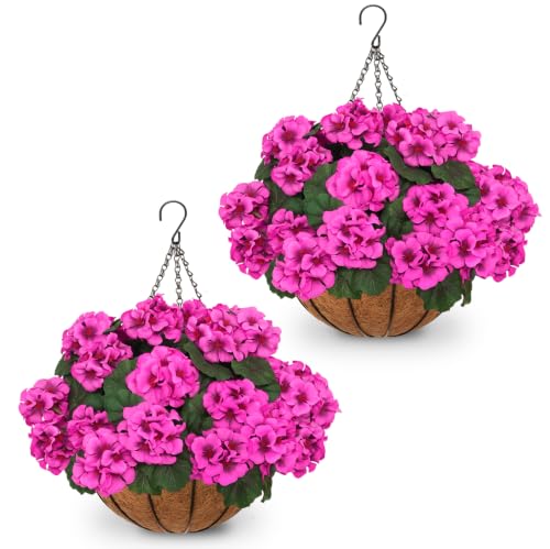 2 Set Artificial Hanging Flowers with Basket for Outdoor Decor - color: Pink Geranium