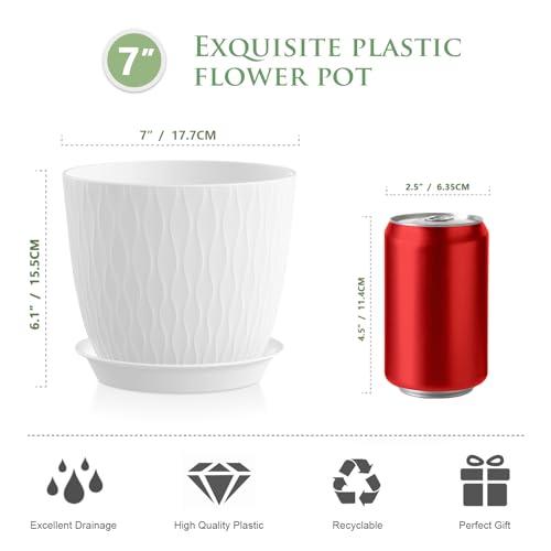 WSMKSZ 7 inch Plant Pots, 5 Pack Flower Pots with Drainage Holes and Saucers for Indoor Plants, Plastic Planters with Water Ripple for Small Garden House Plants, Nursery Pots for Succulent, White - color: White, size: 7inch 5pcs