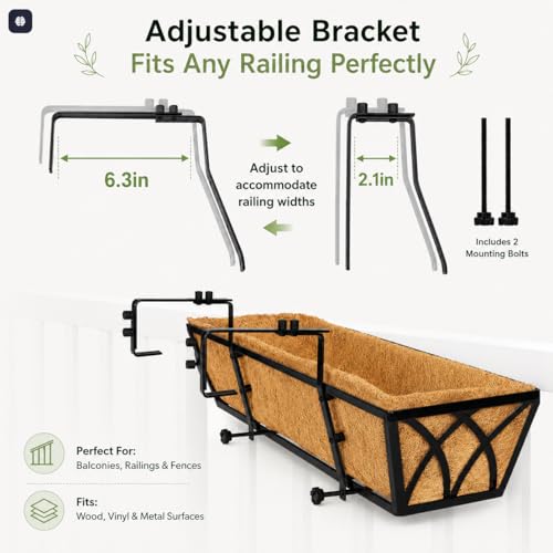Y&M 4pcs 24 Inch Planter, Metal Window Boxes with Coco Liner, Indoor Outdoor Hanging Flower Planter for Garden, Lawn, Balcony, Porch, Fence, Patio Rail - size: X - 24in 4P