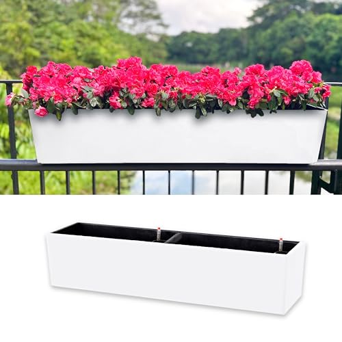 LaLaGreen Hanging Planter Boxes (1 Pack, 40") Large White Rectangular Window Flower Box with Bracket, Self Watering System Railing Planters for Outdoor Plant Container Deck Rail Fence Balcony Garden - color: 40" X 1 (White)