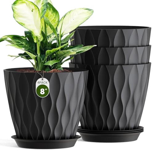 8 Inch Plant Pots 4 Pack Plastic Planters with Drainage & Saucers - color: Black