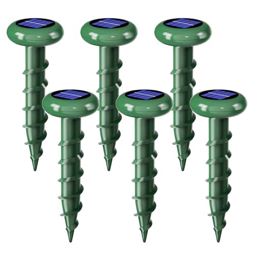 Solar Powered Ultrasonic Mole Repellent,Outdoor Animal Repellent Effective Get Rid of Snake Skunk Vole Groundhog Chipmunk Squirrel,Yard Garden Spiral IP 65 Waterproof Sonic Spikes（6 Pack）