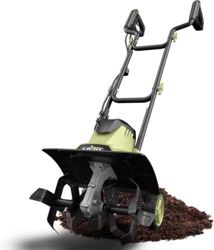 SOYUS 14 Inch Electric Tiller Cultivator 12 Amp Corded Tiller for Gardening, Garden Tiller with Folding Handle, 4 Steel Tines Wheeled Rototiller for Lawn Yard Soil Tilling