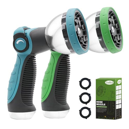 Besiter Garden Hose Nozzle Sprayer: 2 Pack 10 Watering Patterns Spray Nozzles Heavy Duty Metal Hose Head Hose Attachment, Thumb Control On Off Valve - color: Bluegreen