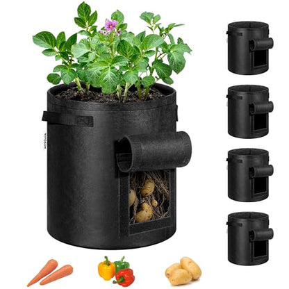 VIVOSUN 5-Pack 7 Gallon Potato Grow Bags, Roll-up Harvest Window - color: Black, size: 7 Gallon