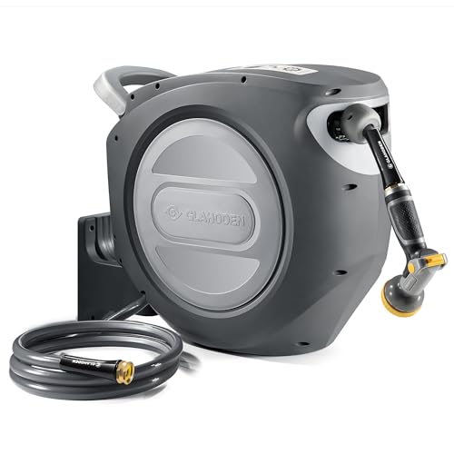 GLAHODEN Retractable Garden Hose Reel 1/2 in x 100 ft Upgraded UV Resistant Heavy Duty Automatic Hose Reel Wall Mount 3/4 in Brass Fitting 9 Pattern Nozzle Any Length Lock Slow Retraction 180° Swivel - size: 1/2" 100FT