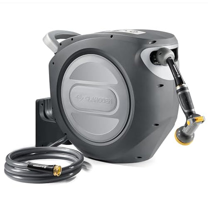GLAHODEN Retractable Garden Hose Reel 1/2 in x 100 ft Upgraded UV Resistant Heavy Duty Automatic Hose Reel Wall Mount 3/4 in Brass Fitting 9 Pattern Nozzle Any Length Lock Slow Retraction 180° Swivel - size: 1/2" 100FT