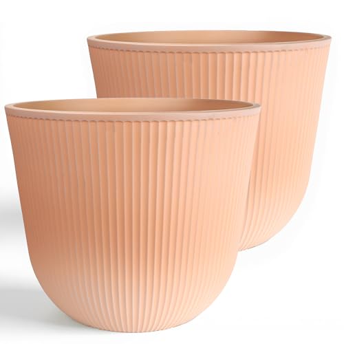 Worth Garden Round Large Planter Pot Set of 2, 17.5" Dia x 15.5" H - Durable Plastic Terracotta Plant Tree Pots with Vertical Stripe Textured Finish, Drainage Hole for Indoor Outdoor Front Porch Patio - color: Terracotta, size: 2-Pack