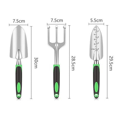 Stainless Steel Garden Tool Set，3 Pieces, Including Hand Shovel & Transplant Shovel & Hand Rake with Non-Slip Soft Ergonomic Handle (Green). - color: green