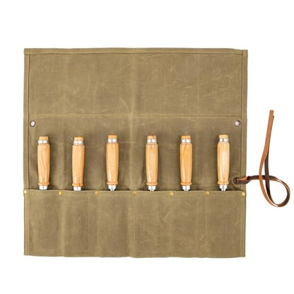 Chisel Roll, 6 Pockets Roll Up Tool Pouch, Waxed Canvas Small Tool Roll - color: Khaki