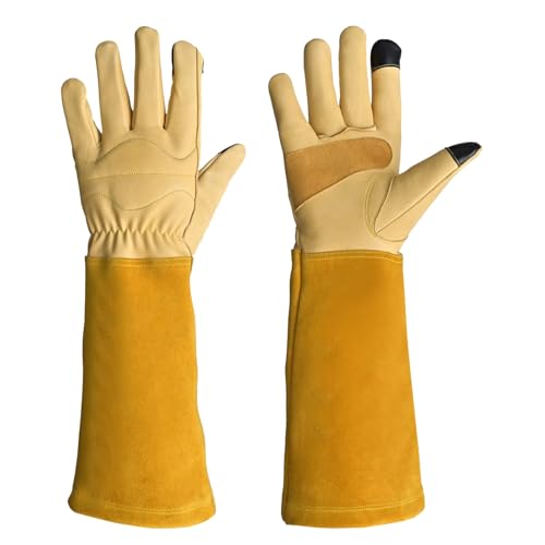 Thorn Proof Gardening Gloves for Women & Men,Long Cuff Rose Pruning,With Leather Palm,Gauntlet for Bush Trimming - color: Yellow, size: Small