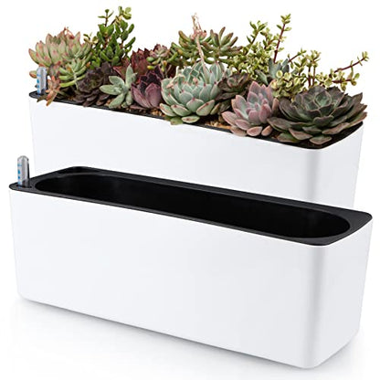 Skelang 2-Pack Self Watering Planter, Rectangle Flower Pot with Water Level Indicator, Window Gardening Box for Indoor Plants, Succulent, Sprout, Pepper