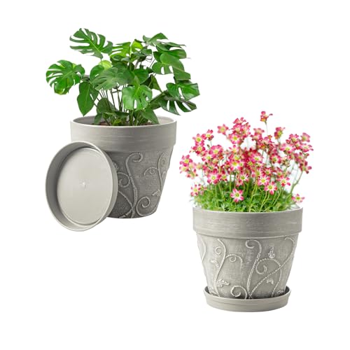 Melphoe Plant Pots Indoor with Drainage & Saucer, 2Pack 7 inch Flower Pots Outdoor Planters for Indoor Plants Garden Home Decor Cactus Succulent, Rigid Plastic (Imitation-Terracotta) Vine-Embossed - color: Cement Grey Color, size: 7 inch