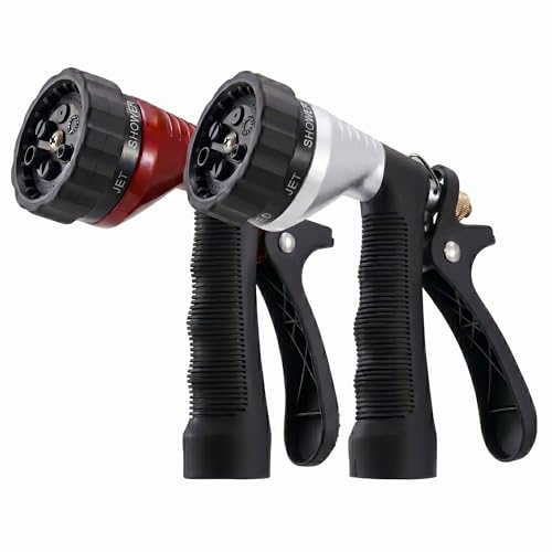 GREEN MOUNT Water Hose Nozzle 2-Pack, Zinc Alloy Garden Spray Nozzle with Adjustable Spray Patterns, Leakproof Rustproof Trigger Lock for Outdoor Cleaning & Car Wash, Silver & Red - color: Silver & Red