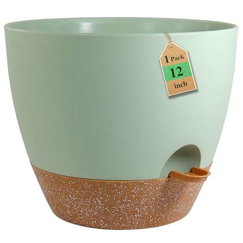 WSMKSZ 12 inch Large Self Watering Pots, Flower Plant Pots with Drainage Holes for Indoor Outdoor Garden Plants, Plastic Planters with Removable Deep Reservoir, Green with Brown - color: Green With Brown, size: 12inch 1pcs