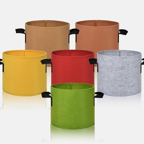 6-Pack Fabric Grow Bags 5 Gallon – Colorful 300G Thickened Nonwoven Planter Pots with Sturdy Handles, Breathable Garden Bags for Vegetables, Potato, Flowers - size: 5 Gallon