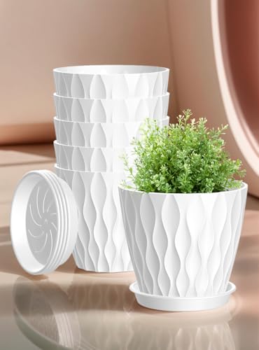Set of 6 Plant Pots 4 inch Pots, Plastic Planters with Drainage Holes and Saucers,Plastic Flower Pots,Nursery Planting Pot for Indoor Out Door Plants（White） - color: White