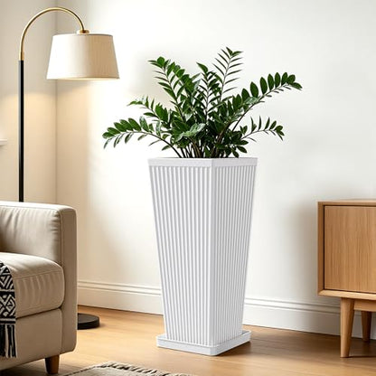 24" Tapered Tall Planters for Outdoor Plants with Tray&Shelf, White - color: White-smooth
