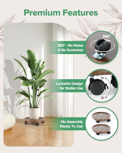 2 Pack Plant Caddy with Wheels, 12" Wood Rolling Plant Stand with 360° Lockable Wheels, Plant Stands Outdoor for Large Plants, Flower Cart Plant Dolly Plant Caster for Heavy Objects, Walnut - color: 12inch-Walnut