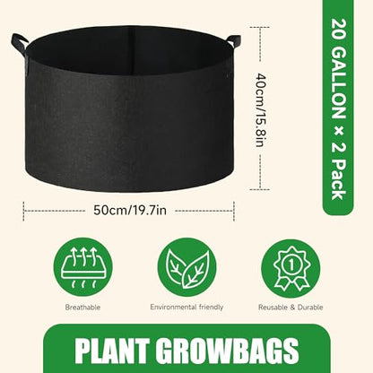 2-Pack 20 Gallon Fabric Grow Bags with Handle, Heavy Duty 300G Thickened Nonwoven with Handles and Reusable, Suitable for Garden Vegetables,Fruits and Flowers(Black) - size: 20 gallon (19.7''D×15.5''H)