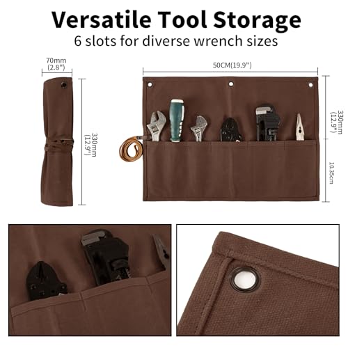 Chisel Roll,Small Tool Roll Pouch,Tool Roll Bag Organizer, Heavy Duty Waxed Canvas Tool Bag, Multi-Purpose Roll-Up Storage Bag for Hand Tools Holder with 6 Pockets Wrench Roll Up Pouch - color: Dark Brown