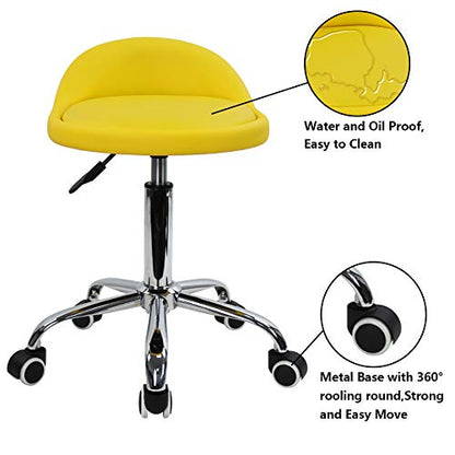KKTONER PU Leather Round Rolling Stool with Back Rest Height Adjustable Swivel Drafting Work SPA Task Chair with Wheels (Yellow) - color: Yellow