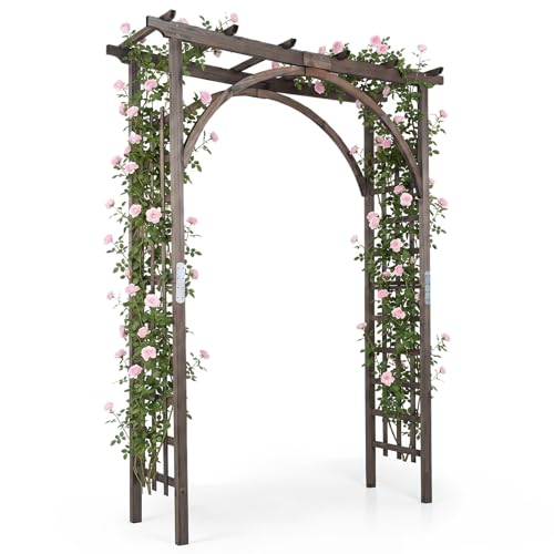 Giantex 85" Wooden Garden Arch Trellis, Wood Flat Top Garden Arbor - color: Dark Brown, size: 63"W x 85"H