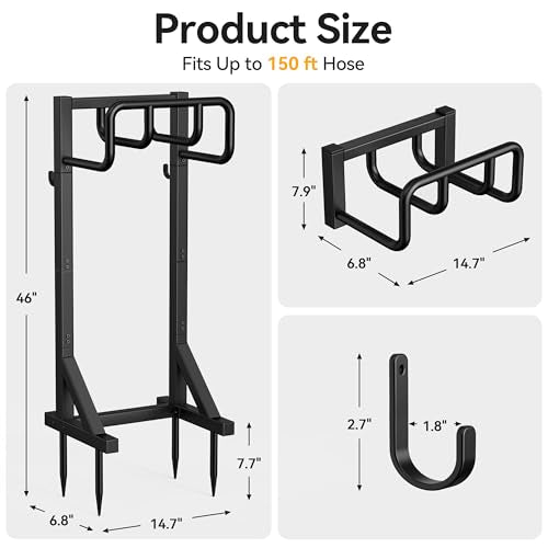 Garden Hose Holder Stand, Freestanding Heavy Duty Metal Hose Holder with Stable Base and Tool Hooks, Rustproof Water Hose Storage Rack for Outside Yard Lawn（2 Pack)
