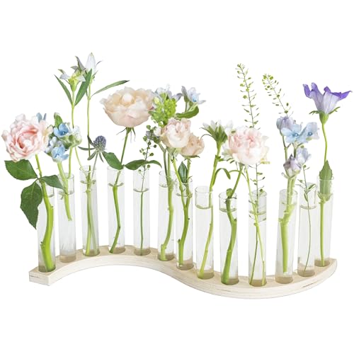 Test Tube Vases for Flowers，Small Plant Propagation Station，S Shape Plant Terrarium with Wooden Stand(Light Wood) - color: Light Wood