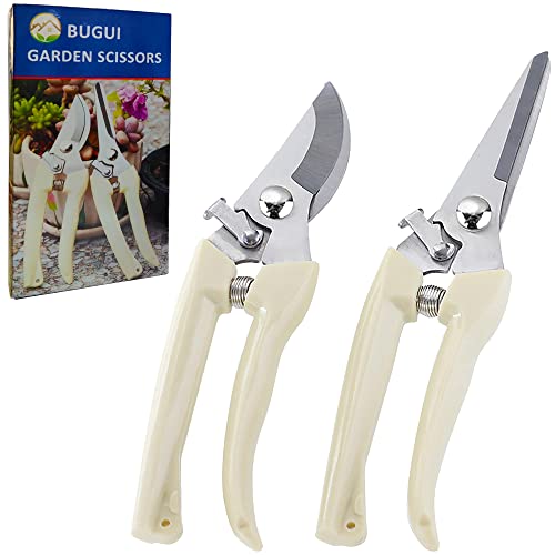 BUGUI Garden Shears Set of 2, Includes 1 Bypass Pruning Shears and 1 Straight Blade Garden Scissors, Sharp, Lightweight - style: Straight+Bypass