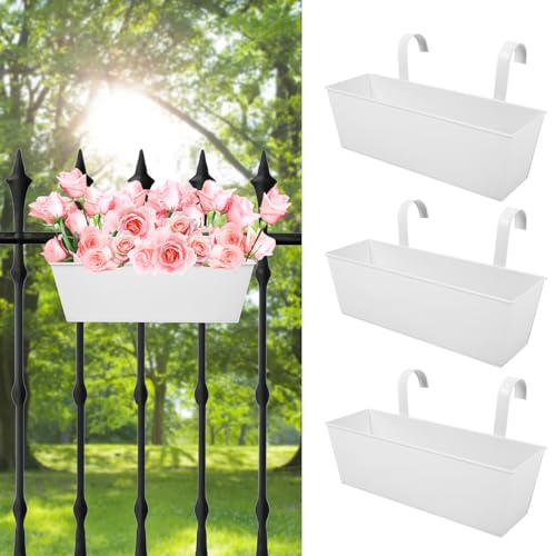 16 Inch Railing Planters Box Metal Hanging Flower Pot 3 Pcs - color: White-3pcs