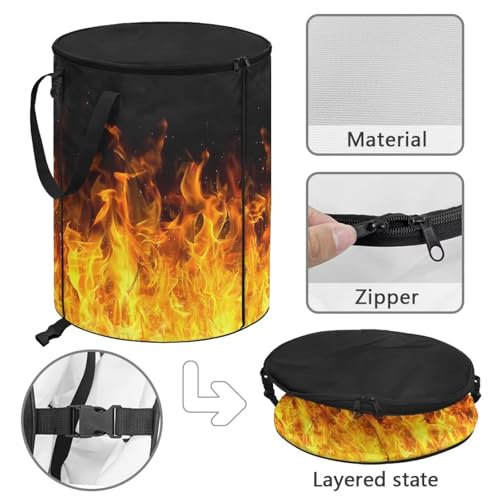 BIGCARJOB Collapsible Garbage Can Fire Print Trash Can Outdoor Waterproof Recycling Bin Storage Bag Holder Trash Bin with Lid and Clip, 22.83x17.71 in - color: Fire Print