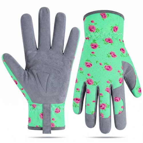 Baidast Gardening Gloves for Women, Breathable Leather Garden Gloves with Grip, Thorn Proof Work Gloves - color: Women(medium)-green+red